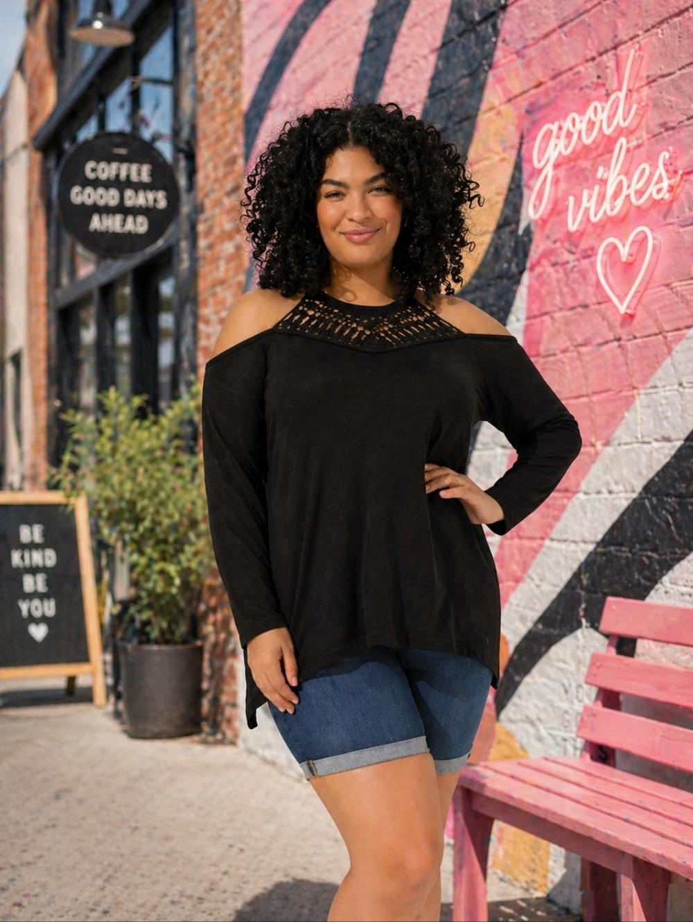 TORRID Knit Crochet Neck Cold Shoulder Sharkbite Hem  Top in Deep Black - Size 1